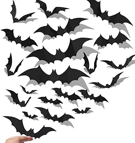 BINDUO Halloween Stickers 3D Bat Stickers Wall Decor Halloween Bats Decorations Outdoor Indoor 70 Pcs 6 Sizes Reusable Waterproof Black Bat Horror Decor Front Door Window Room DIY Party Supplies