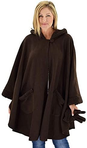 Le Moda Women’s Hooded Tonal Sherpa Trimmed Wrap with Matching Gloves | Winter Collection | One Size Fits All