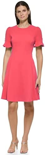 DKNY Women's Ruffle Sleeves Slim Fit Flared Belt Dress