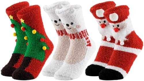 Homaisson Womens Socks, 3 Pair Christmas Fuzzy Slipper Socks, Soft Warm Cute Cozy Fluffy Winter Christmas Socks Unisex Funny Socks, Free Size