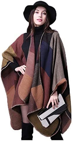 Epsion Women's Color Block Shawl Wrap Plus Size Cardigan Poncho Cape Open Front Long Winter Sweater Coat