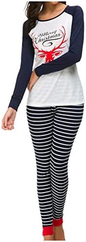 ABABC Women Prints Pajamas Christmas Set 2 Piece Crewneck Color Blocking Blouse and Striped Long Pants Soft Lounge Sets