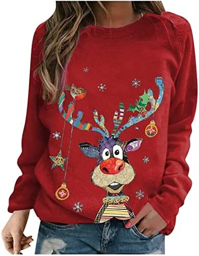 Christmas Tops for Women Cute Xmas Reindeer Print Sweatshirts Casual Long Sleeve Crewneck Pullover Holiday Fall Shirt