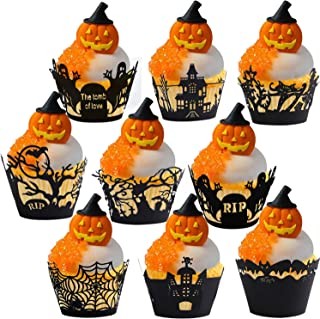 Konsait Halloween Cupcake Wrappers,36pcs Cupcake Cases Laser Cut Witches Bat Spider Ghost Web Castle Pumpkin Tombstones Design for Halloween Decoration Party Supplies Favour
