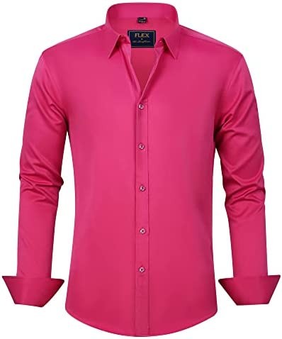 J.Ver Men's Dress Shirts Long Sleeve Solid Stretch Wrinkle-Free Shirt Regular Fit Casual Button Down Shirts hot Pink Large