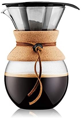 Bodum 11571-109 Pour Over Coffee Maker with Permanent Filter, Glass, 34 Ounce, 1 Liter, Cork Band
