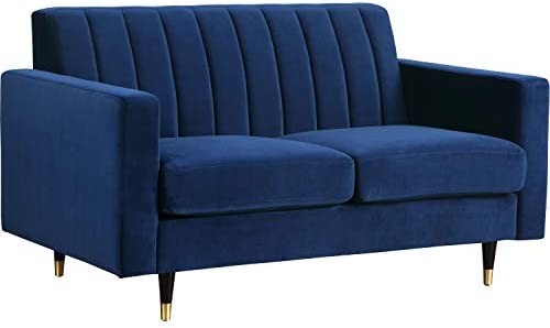 Meridian Furniture 619 L Lola Collection Modern | Contemporary Velvet Upholstered Loveseat with Gold Tipped Black Legs and Channel Tufted Design, 60" W x 35" D x 33.5" H, Blue