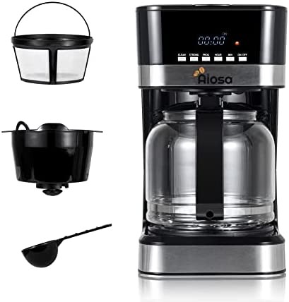 Aiosa 4-12 Cups Personal Coffee Maker,Programmable Coffee Maker,Drip Coffee Machine,With Glass Coffee Pot,Cafetera,Filter Coffee Machine,Stainless Steel, Coffee Maker Machine