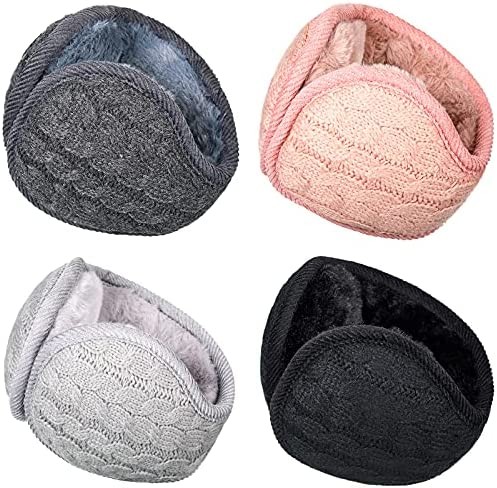 Ficerd 4 Pieces Unisex Warm Knit Earmuffs Furry Fleece Winter Ear Muffs Foldable Ear Covers Soft Pure Color Ear Warmer for Women Men Outdoor Activities