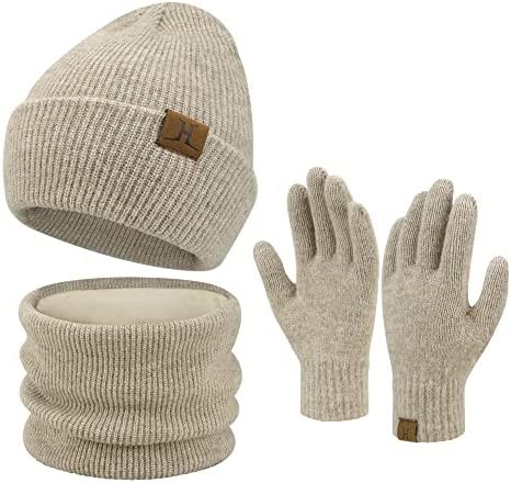 Womens Winter Beanie Hats Scarf Touchscreen Gloves Set Warm Knit Skull Caps Neck Warmer for Women Men