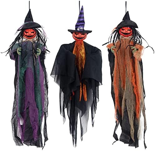 DECORLIFE 3 Pack Halloween Hanging Grim Reapers, 28 Inch Posable Pumpkin Scarecrow, Outdoor Halloween Hanging Decorations, Halloween Props for Haunted House, Patio, Lawn, Graveyard Decor