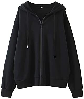 MISSACTIVER Women’s Vintage Solid Drawstring Hoodies Zip Up Oversized E-girl 90s Sweatshirt Basic Jacket With Pockets