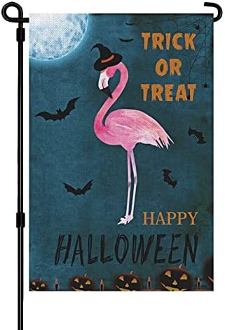 Shesyuki Summer Fall Garden Flag, Flamingo Happy Halloween Trick or Treat, 12×18 Inch, Double Sided, Vertical Holiday Yard Farmhouse Outdoor Décor