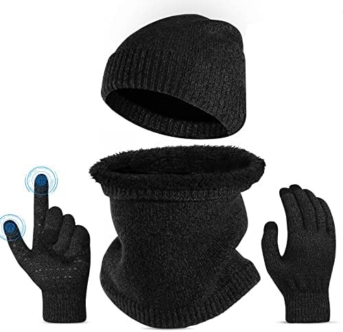 Winter Beanie Scarf Glove Set: Warm Knit Fleece Lined Touchscreen Antislip Gloves Wool Hat Scarf for Man Woman