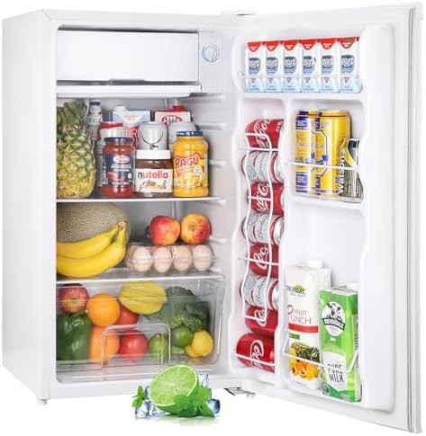 Upstreman 3.2 Cu.Ft Mini Fridge with Freezer, Single Door Mini Fridge, Adjustable Thermostat, Mini Refrigerator for Dorm, Office, Bedroom, White-BR321