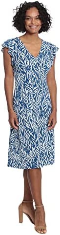 London Times Women's Leaf Print Sleeve V Neck Ruffle SLV Midi Dress