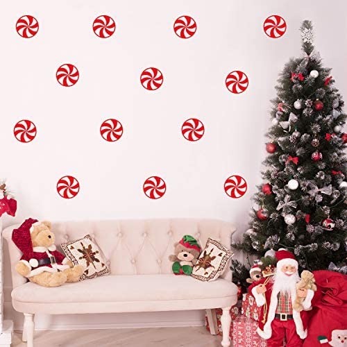 Set of 25 Vinyl Wall Art Decal - Peppermint Candies - from 5" x 5" Each - Trendy Fun Holiday Season Candy Design Sticker for Kids Room Playroom Living Room Storefront School Coffee Shop Decor (Red)