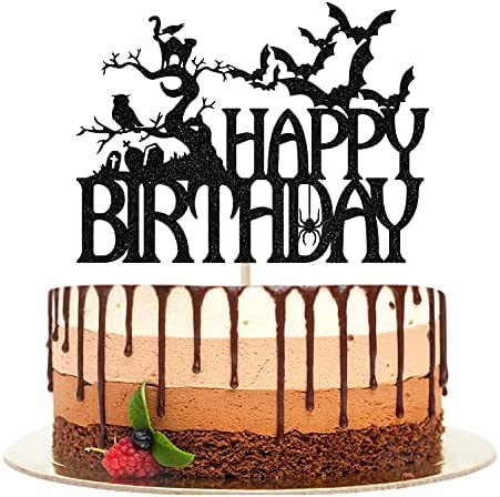 Ferastar Halloween Happy Birthday Cake Topper, Spooky Haunted House Black Glitter Cake Supplies, Creepy Birthday Themed Party Decor Black Glitter
