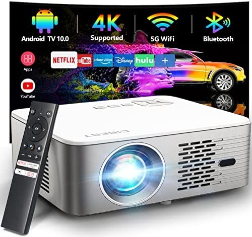 4K Support Android TV 10.0 Projector 5G WiFi Bluetooth Native 1080P, CIBEST Full-Sealed Optical Engine Home Movie FHD Projector with Netflix/Prime Video Built-in, 8000+ Apps, Autofocus, Stereo Sound