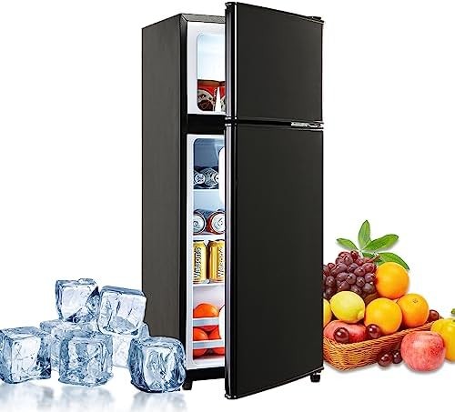 EUASOO 3.5 Cu.Ft Compact Refrigerator with Freezer, Lock Fresh Energy Saving Comp, Vintage Double Door, 7 Level Adjustable Thermostat for Kitchen, Dorm, Bar, Office, Apartment-Black