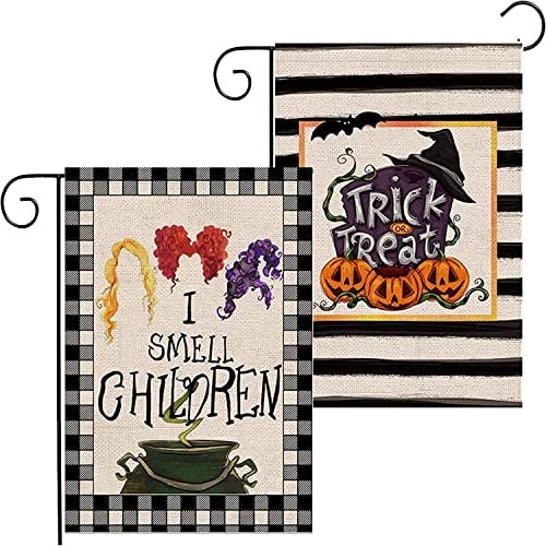 2 Pieces Halloween Garden Flag 12×18 Inch Double Sided，I Smell Children Small Burlap Yard Flag Outdoor Decoration