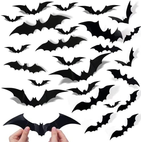 Bats Wall Decor, 3D Bats Halloween Decoration Stickers, 81 Pcs Reusable PVC Spooky Paper Bats Wall Stickers Decal for Home Wall Room Decor Halloween Party Supplies