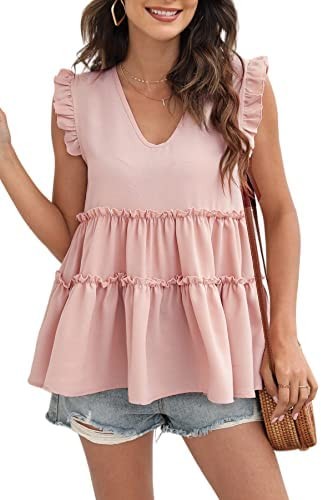 Beaully Women's Summer Floral Ruffle Sleeve Babydoll Blouses Casual Solid V Neck Tiered Shirt Tank Tops