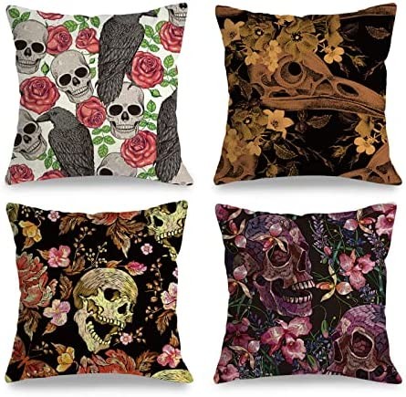 Set of 4 Horror Pillow Covers, Vintage Halloween Throw Pillow Covers, More Than Just Halloween Decorations with Aesthetic Patterns, Crows, Skulls, Flowers, Roses, 18 x 18 inches