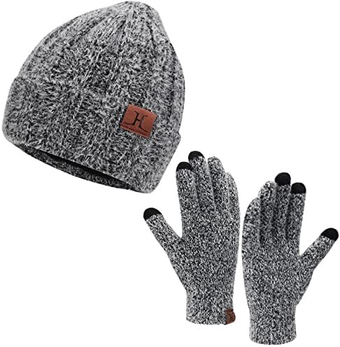 Womens Winter Warm Knit Beanie Hat Touchscreen Gloves Set with Fleece Lined Skull Cap Gloves Set for Women