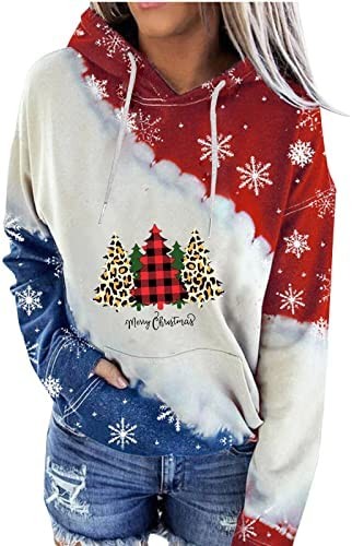 2022 Christmas Hoodie for Women Long Sleeve Pullover Novelty Xmas Print Color Block Hooded Sweatshirts with Pocket
