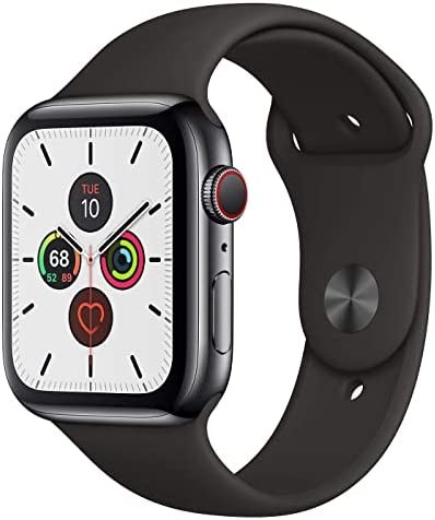 Apple Watch Series 5 (GPS + Cellular, 44MM) Space Black Stainless Steel Case with Black Sport Band (Renewed)