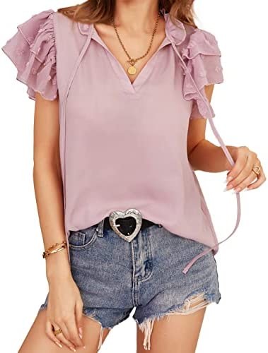 Women's Casual Ruffle Short Sleeves V Neck Blouses Summer Chiffon Neck Tie Top Shirt