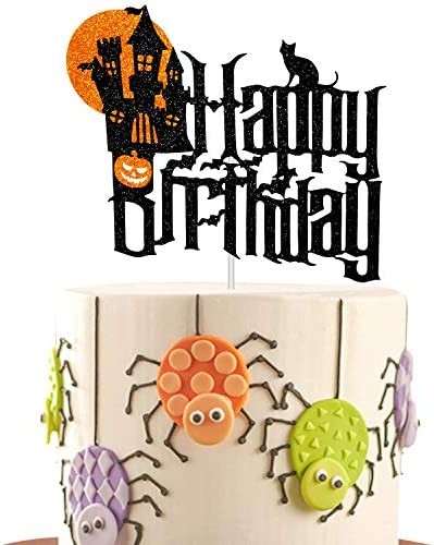 Cartoon Halloween Happy Birthday Cake Topper with Spooky Haunted House Black Glitter Cake Decorations for Halloween Scary Theme Party Decor Supplies
