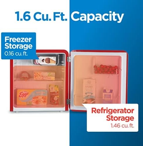 Commercial Cool 1.6 Cu. Ft, Vintage Style, Retro Fridge with 1 Slide-Out Wire Shelf & Bin Storage, Small Refrigerator with Freezer, Red