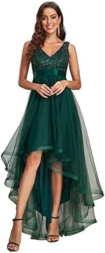 Ever-Pretty Women's Double V Neck A-Line Sequined Sleeveless High Low Tulle Evening Dress 0147A
