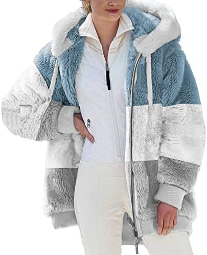 Women's Fluffy Fleece Coat Long Sleeve Full Zip Sherpa Jacket with Hood Warm Casual Cardigan Sweater Coats Outerwear