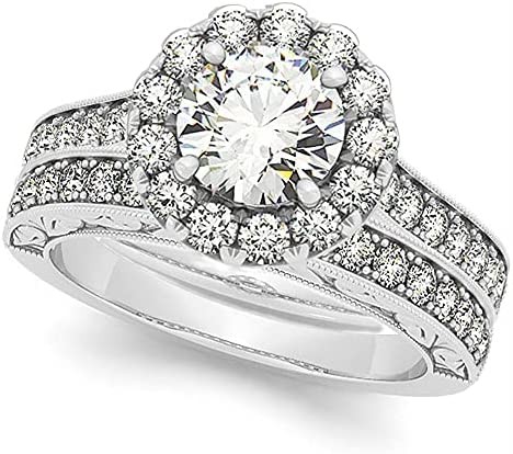 Diamond Halo Bridal Set w/Flower Engagement Ring and Semi-Eternity Wedding Band 14k White Gold 2.96ct