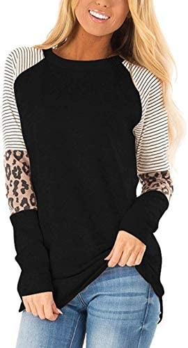 HARHAY 2022 Women's Leopard Print Color Block Tunic Round Neck Long Sleeve Shirts Striped Causal Blouses Tops