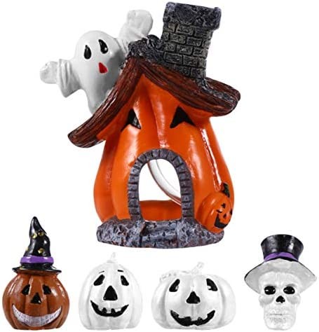 Yardwe 5Pcs Aquarium Ornament Halloween Pumpkin Ghost House Figurine Resin Fish Tank Statue Decor for Aquatic Caves Mininature Fairy Garden (Assorted Color)