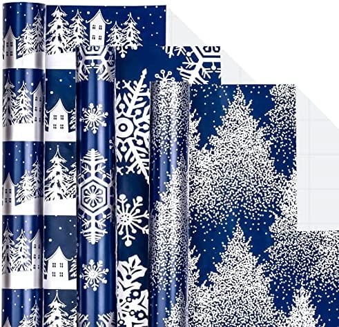 LeZakaa Navy Christmas Wrapping Paper Roll - Min Roll - Snowy Woodland Scenes/Snowflake/Tree for Gift Wrap, DIY Craft - 17 x 120 inches - 3 Rolls (42.5 sq.ft.ttl.)