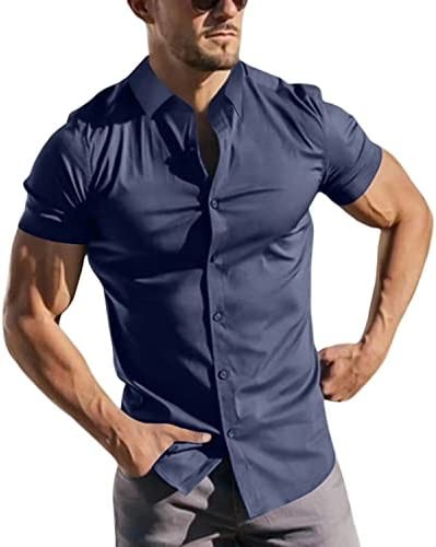 Mens Muscle Fit Dress Shirts Short Sleeve Slim Fit Casual Button Down Shirts