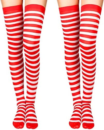 2 Pairs Halloween Women's Over Knee Long Opaque Striped Thigh High Socks