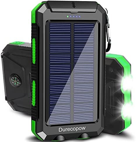Solar Charger, Durecopow 20000mAh Portable Outdoor Waterproof Solar Power Bank, Camping External Backup Battery Pack Dual 5V USB Ports Output, 2 Led Light Flashlight with Compass (Green)