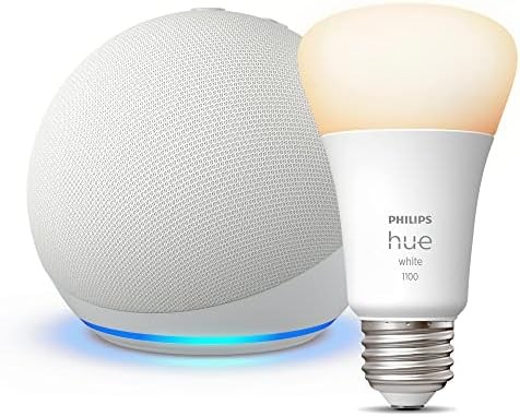All-New Echo Dot (5th Gen, 2022 release) | Smart speaker with Alexa | Glacier White + Philips Hue White A19 Medium Lumen Smart Bulb, 1100 Lumens