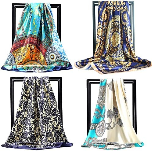 NUWEERIR 4pc Mixed Womens Large Square Scarf Set Silk Feeling Satin Hair Wrapping 35x35 inches