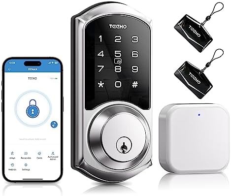 TEEHO TE006G Smart Lock - Keyless Entry Door Lock with Gateway - WiFi Smart Deadbolt for Front Door - Remote APP Control - Auto Lock - Satin Nickel