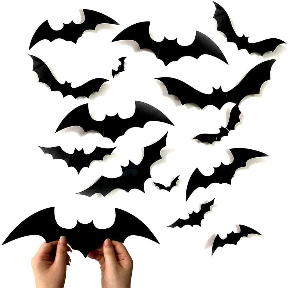 60PCS Bats Wall Decor Halloween 3D Bats Decoration Scary Bats Wall Decal Wall Sticker 4 Sizes Realistic PVC Scary Black Bat Halloween Party Supplies Eve Decor Home Window Decoration Set